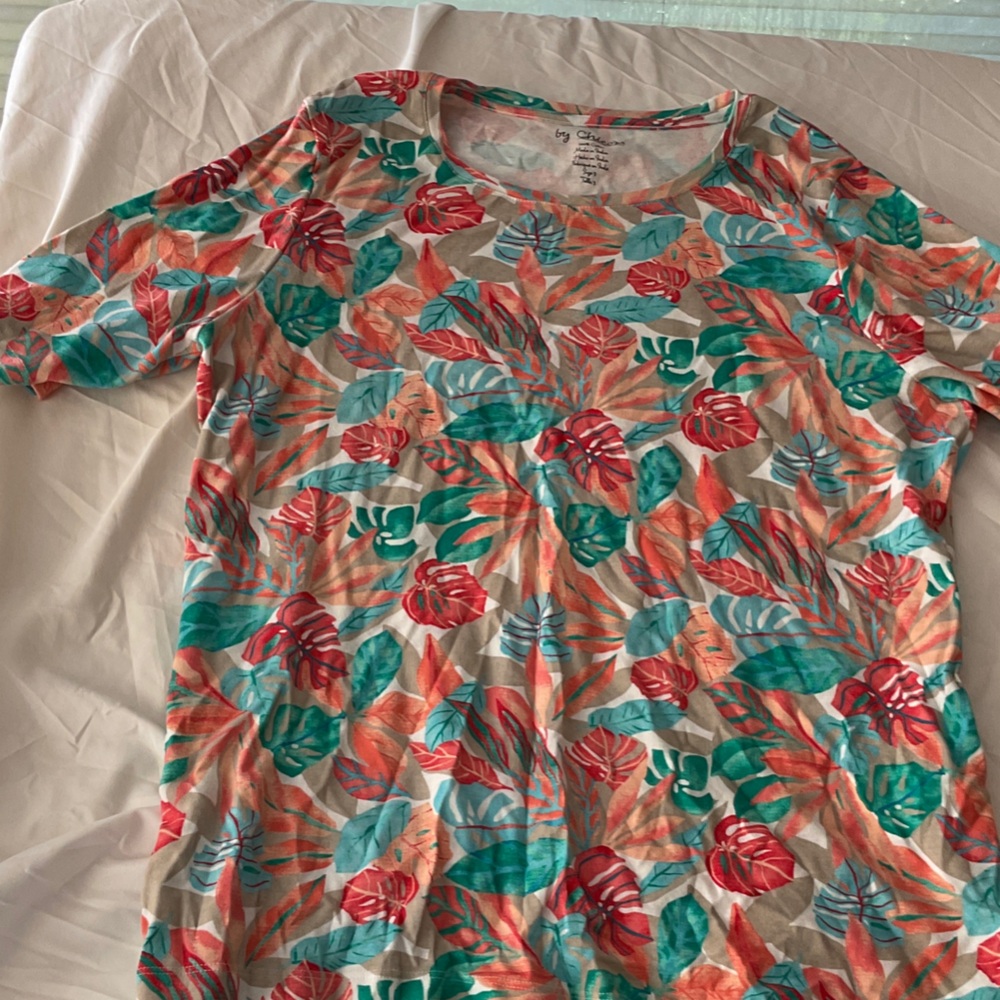 Chico's Vibrant Red and Green Leaf Blouse